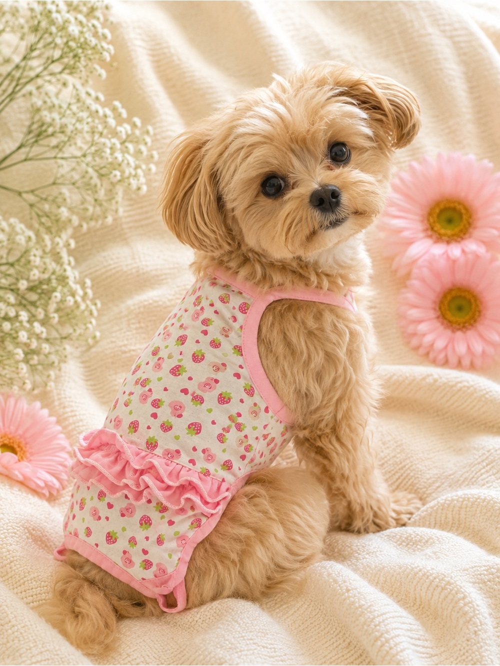Pink Strawberry Print Ruffle Dog Tank Top - Small Breed